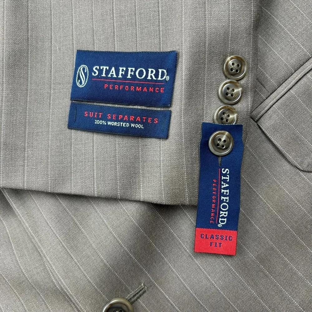 Stafford Performance Classic Fit Worsted‎ Wool Blazer Mens 48R Taupe Striped NEW